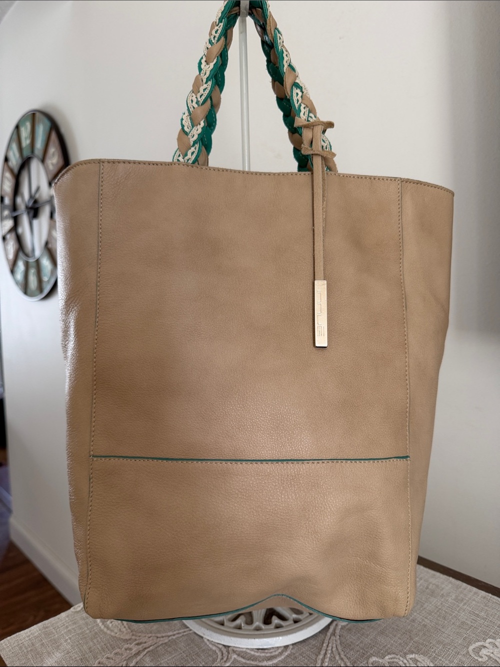 Innue Light Beige Leather Tote with Teal/Beige Braided Handles
